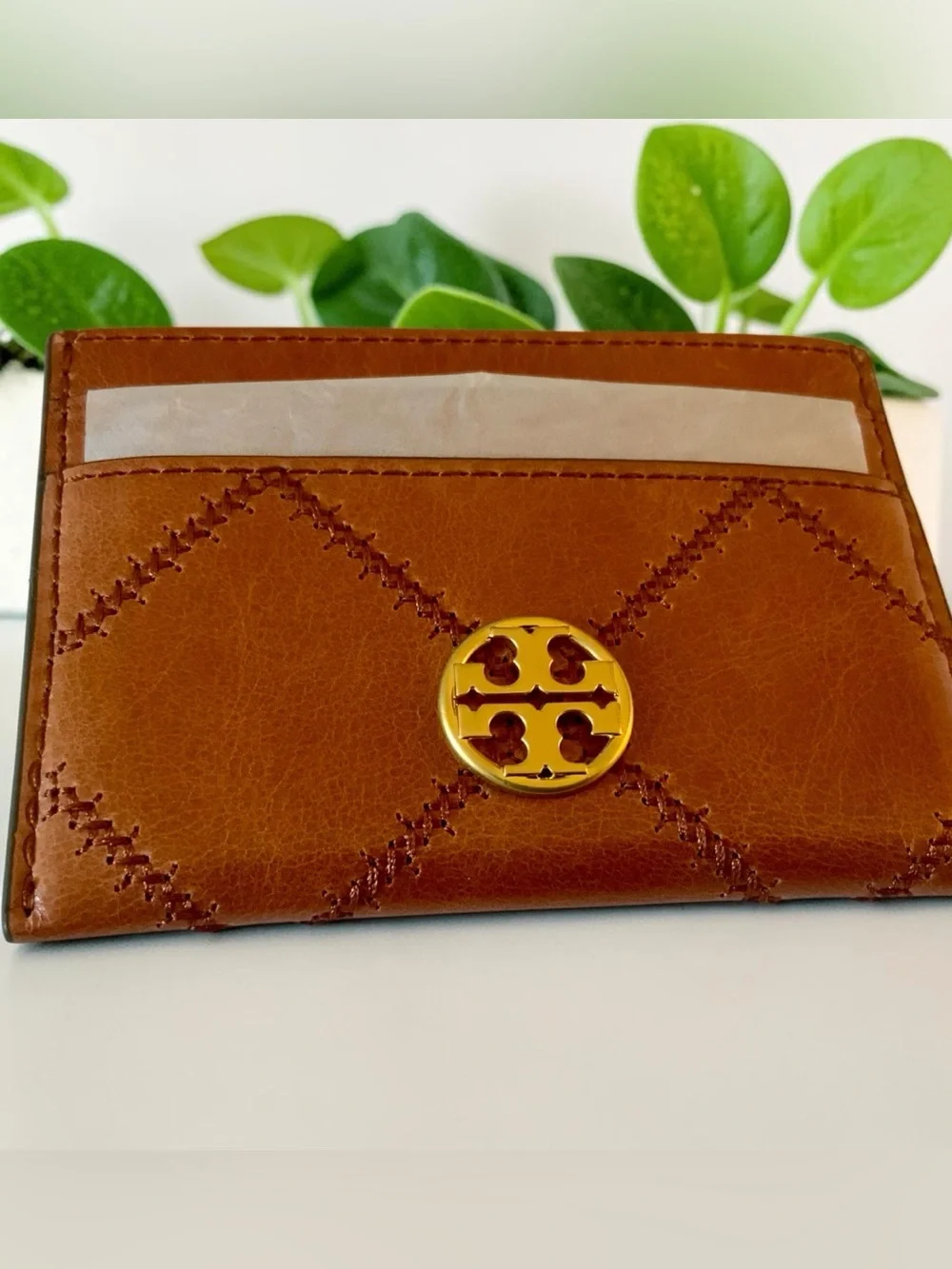 TORY BURCH KIRA DIAMOND QUILT CARD CASE W/DUST BAG DARK WHISKEY NWT